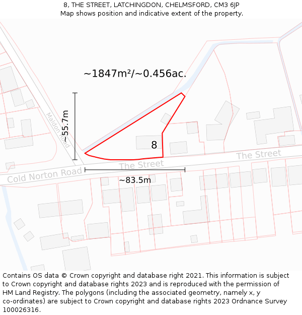 8, THE STREET, LATCHINGDON, CHELMSFORD, CM3 6JP: Plot and title map