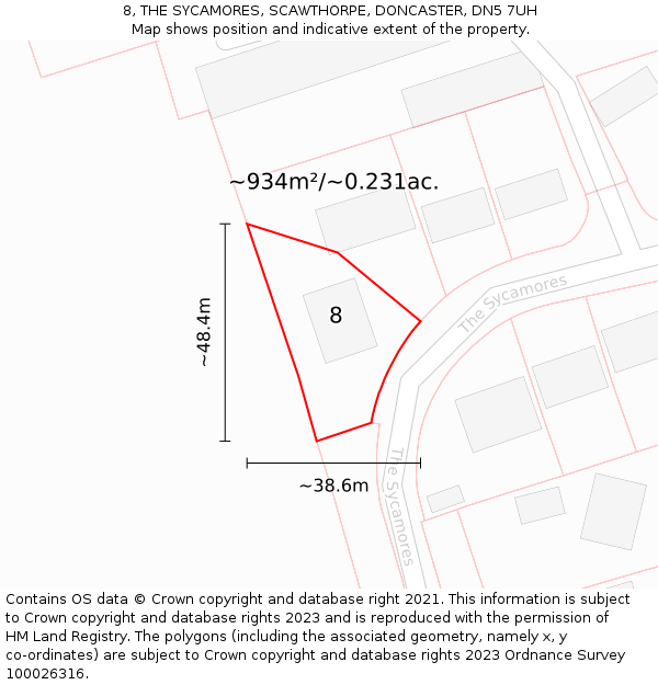 8, THE SYCAMORES, SCAWTHORPE, DONCASTER, DN5 7UH: Plot and title map