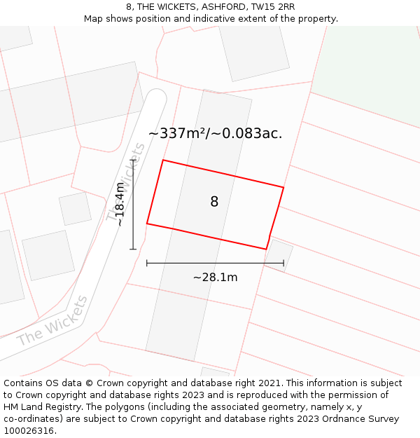 8, THE WICKETS, ASHFORD, TW15 2RR: Plot and title map