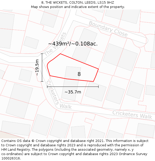8, THE WICKETS, COLTON, LEEDS, LS15 9HZ: Plot and title map