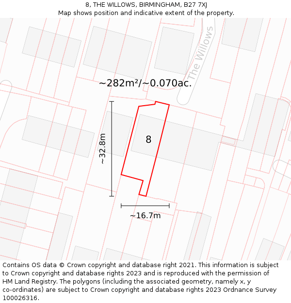 8, THE WILLOWS, BIRMINGHAM, B27 7XJ: Plot and title map