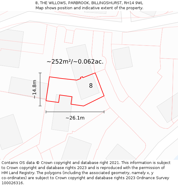8, THE WILLOWS, PARBROOK, BILLINGSHURST, RH14 9WL: Plot and title map
