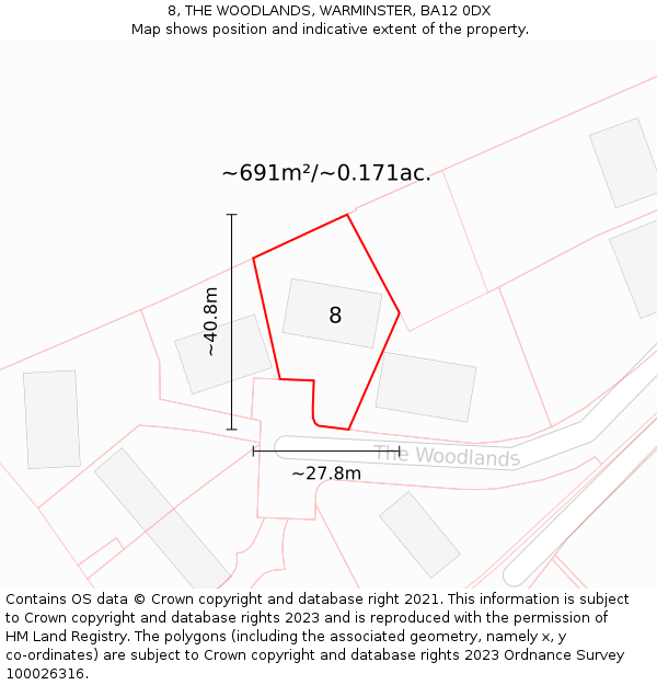 8, THE WOODLANDS, WARMINSTER, BA12 0DX: Plot and title map