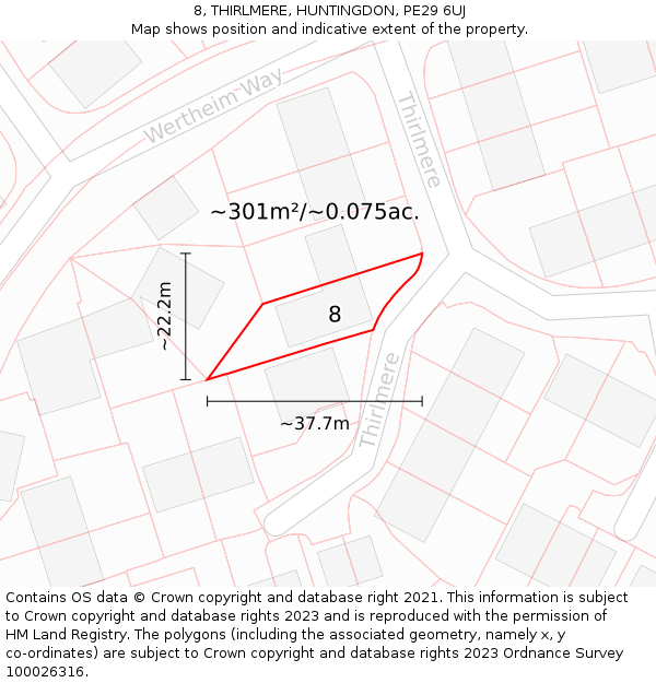 8, THIRLMERE, HUNTINGDON, PE29 6UJ: Plot and title map