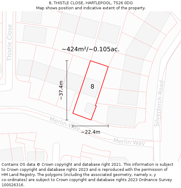 8, THISTLE CLOSE, HARTLEPOOL, TS26 0DG: Plot and title map