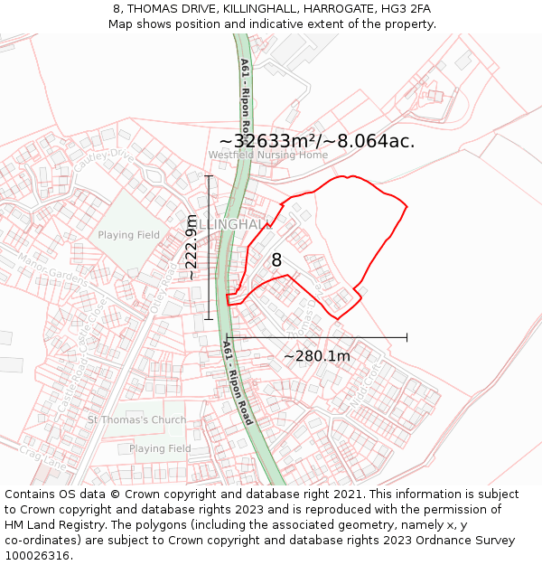 8, THOMAS DRIVE, KILLINGHALL, HARROGATE, HG3 2FA: Plot and title map