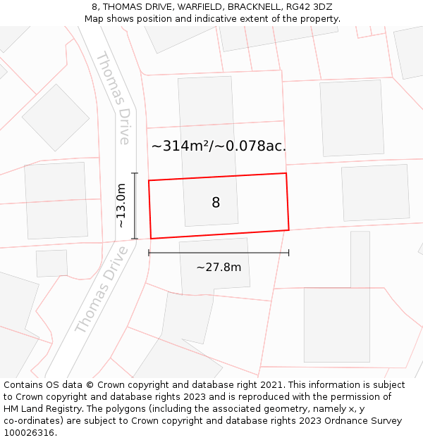 8, THOMAS DRIVE, WARFIELD, BRACKNELL, RG42 3DZ: Plot and title map