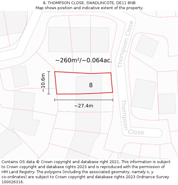 8, THOMPSON CLOSE, SWADLINCOTE, DE11 8NB: Plot and title map