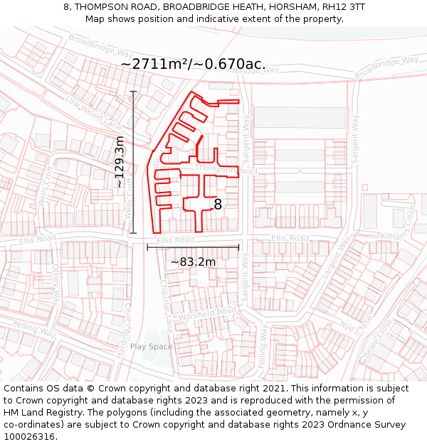 8, THOMPSON ROAD, BROADBRIDGE HEATH, HORSHAM, RH12 3TT: Plot and title map