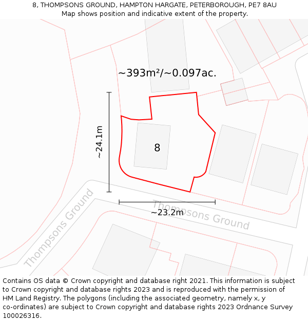 8, THOMPSONS GROUND, HAMPTON HARGATE, PETERBOROUGH, PE7 8AU: Plot and title map