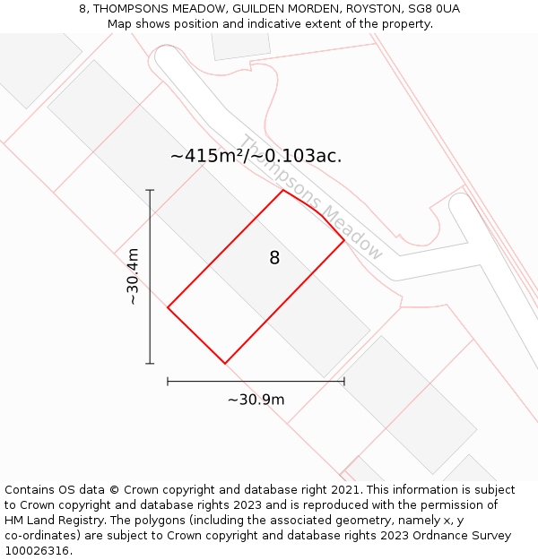 8, THOMPSONS MEADOW, GUILDEN MORDEN, ROYSTON, SG8 0UA: Plot and title map