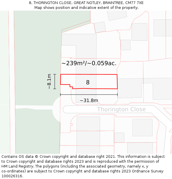 8, THORINGTON CLOSE, GREAT NOTLEY, BRAINTREE, CM77 7XE: Plot and title map