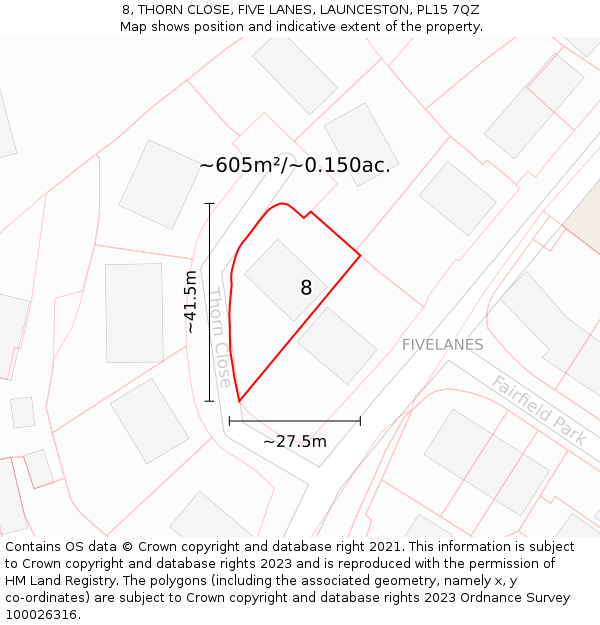 8, THORN CLOSE, FIVE LANES, LAUNCESTON, PL15 7QZ: Plot and title map