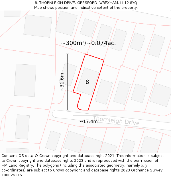 8, THORNLEIGH DRIVE, GRESFORD, WREXHAM, LL12 8YQ: Plot and title map