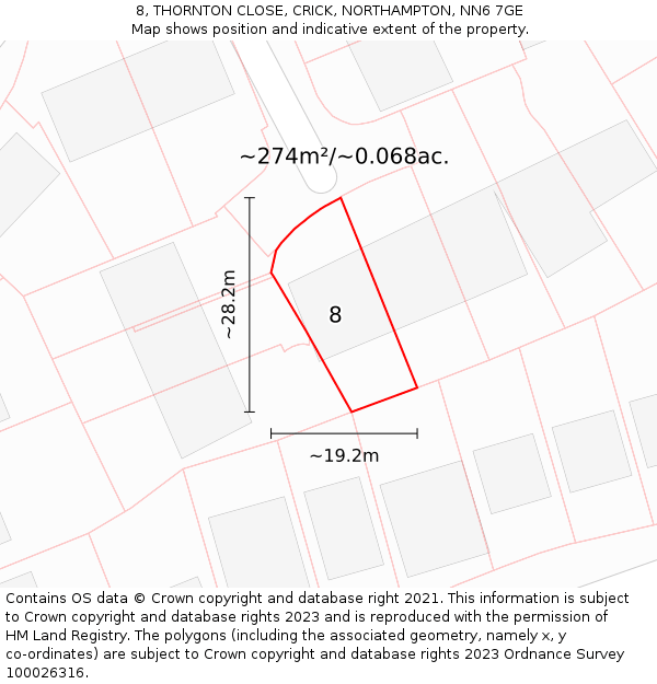8, THORNTON CLOSE, CRICK, NORTHAMPTON, NN6 7GE: Plot and title map