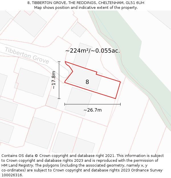 8, TIBBERTON GROVE, THE REDDINGS, CHELTENHAM, GL51 6UH: Plot and title map
