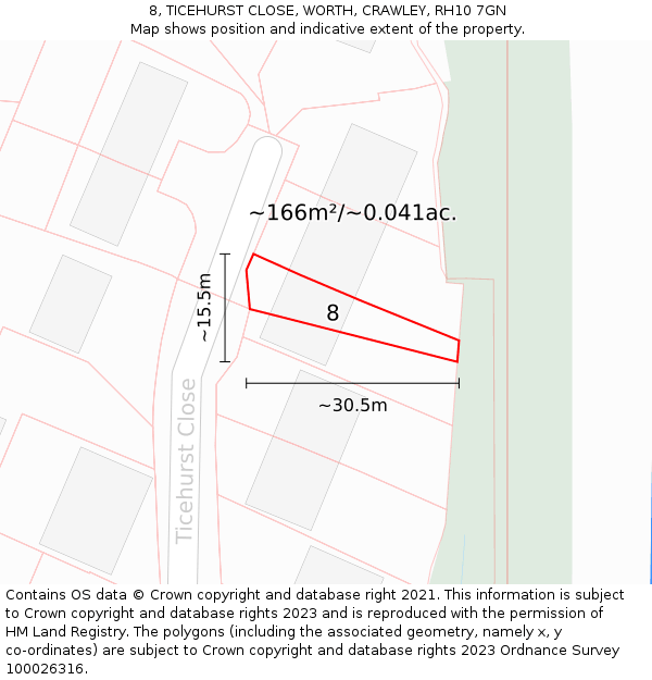 8, TICEHURST CLOSE, WORTH, CRAWLEY, RH10 7GN: Plot and title map