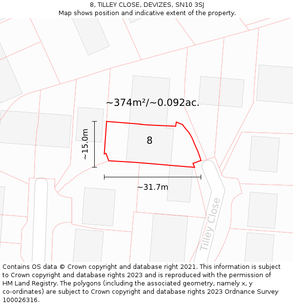 8, TILLEY CLOSE, DEVIZES, SN10 3SJ: Plot and title map