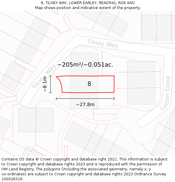 8, TILNEY WAY, LOWER EARLEY, READING, RG6 4AD: Plot and title map
