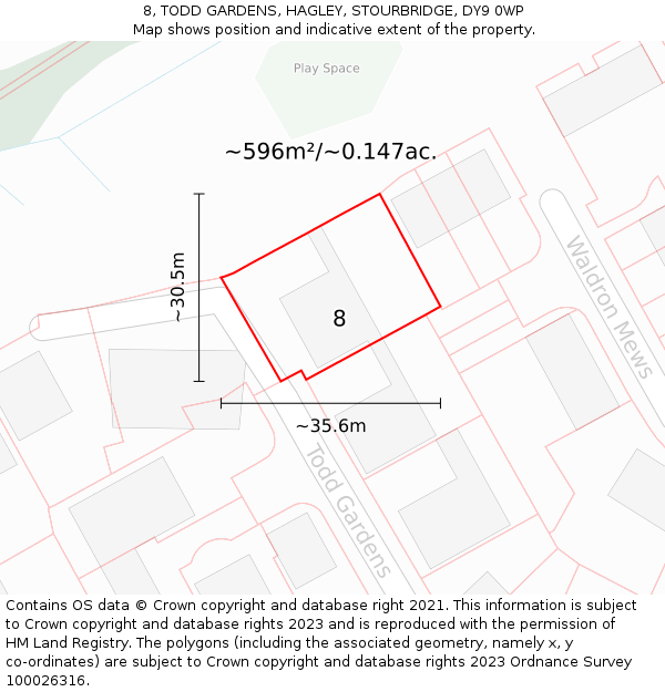 8, TODD GARDENS, HAGLEY, STOURBRIDGE, DY9 0WP: Plot and title map