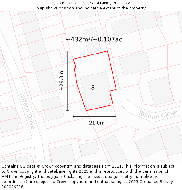 8, TOINTON CLOSE, SPALDING, PE11 1GS: Plot and title map