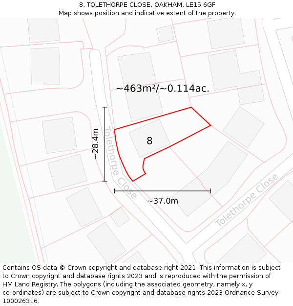 8, TOLETHORPE CLOSE, OAKHAM, LE15 6GF: Plot and title map