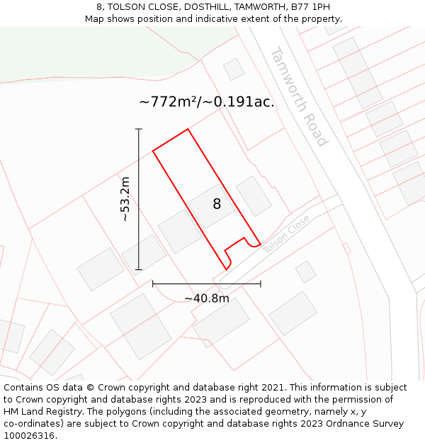 8, TOLSON CLOSE, DOSTHILL, TAMWORTH, B77 1PH: Plot and title map