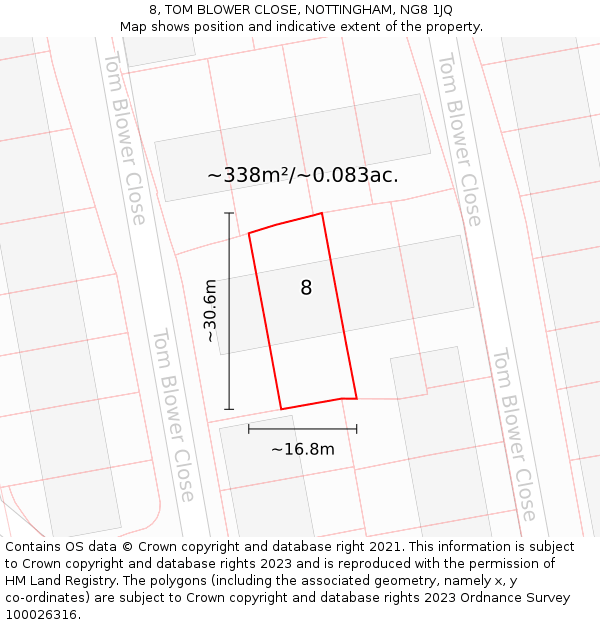 8, TOM BLOWER CLOSE, NOTTINGHAM, NG8 1JQ: Plot and title map