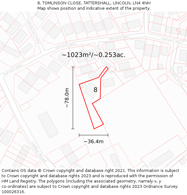 8, TOMLINSON CLOSE, TATTERSHALL, LINCOLN, LN4 4NH: Plot and title map