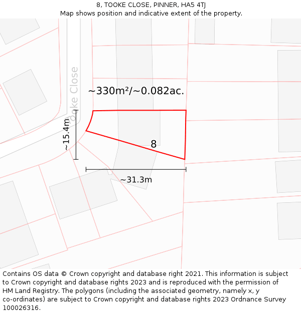 8, TOOKE CLOSE, PINNER, HA5 4TJ: Plot and title map