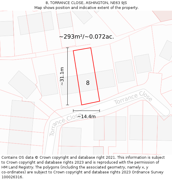 8, TORRANCE CLOSE, ASHINGTON, NE63 9JS: Plot and title map