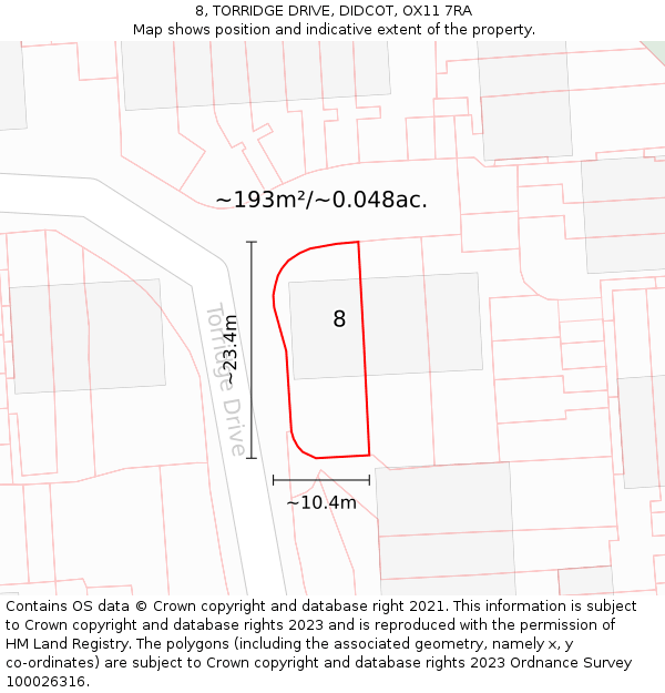 8, TORRIDGE DRIVE, DIDCOT, OX11 7RA: Plot and title map
