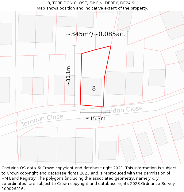 8, TORRIDON CLOSE, SINFIN, DERBY, DE24 9LJ: Plot and title map