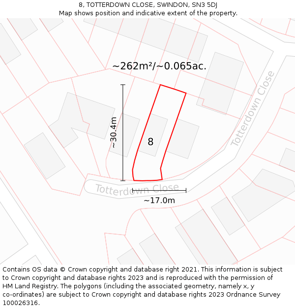 8, TOTTERDOWN CLOSE, SWINDON, SN3 5DJ: Plot and title map