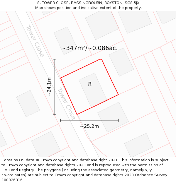 8, TOWER CLOSE, BASSINGBOURN, ROYSTON, SG8 5JX: Plot and title map