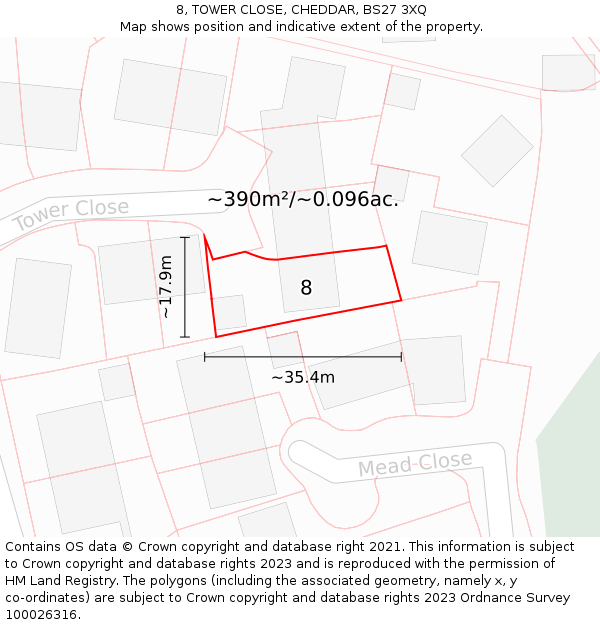 8, TOWER CLOSE, CHEDDAR, BS27 3XQ: Plot and title map