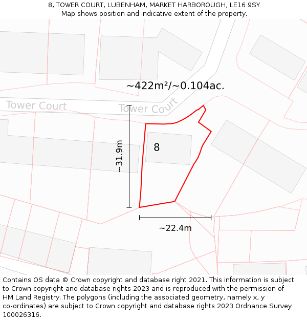 8, TOWER COURT, LUBENHAM, MARKET HARBOROUGH, LE16 9SY: Plot and title map