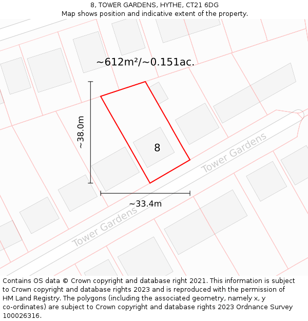 8, TOWER GARDENS, HYTHE, CT21 6DG: Plot and title map