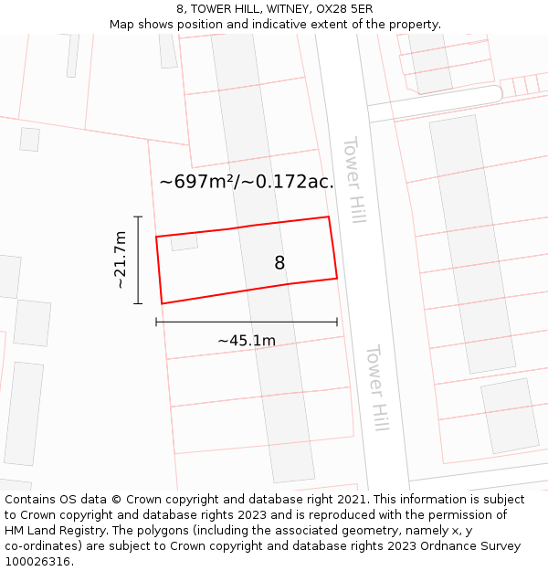 8, TOWER HILL, WITNEY, OX28 5ER: Plot and title map