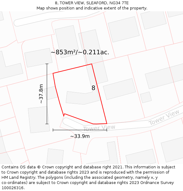 8, TOWER VIEW, SLEAFORD, NG34 7TE: Plot and title map
