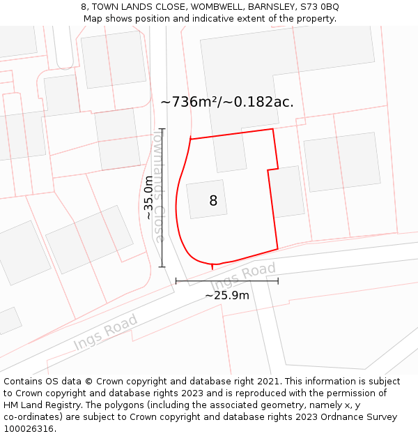 8, TOWN LANDS CLOSE, WOMBWELL, BARNSLEY, S73 0BQ: Plot and title map