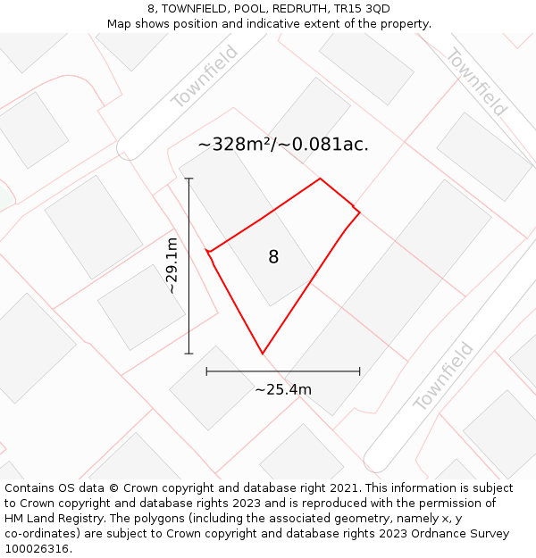 8, TOWNFIELD, POOL, REDRUTH, TR15 3QD: Plot and title map