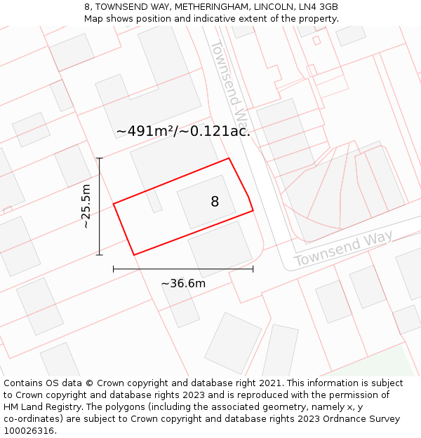 8, TOWNSEND WAY, METHERINGHAM, LINCOLN, LN4 3GB: Plot and title map