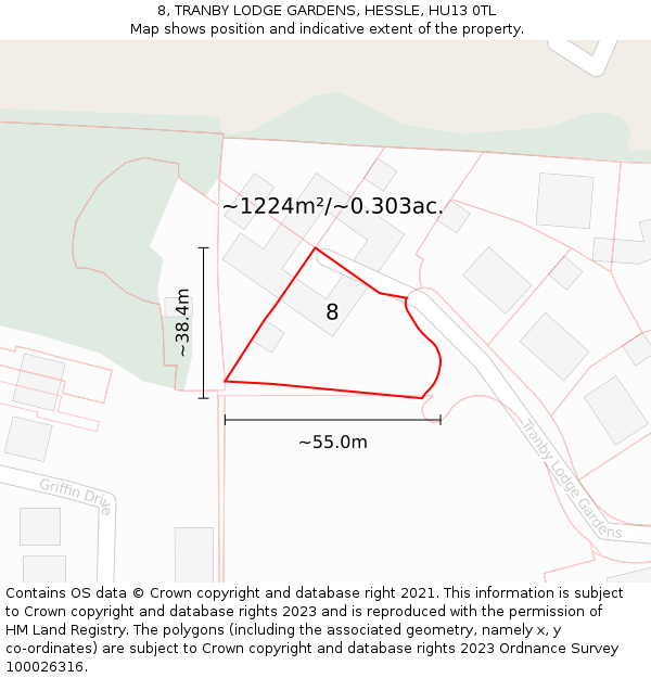 8, TRANBY LODGE GARDENS, HESSLE, HU13 0TL: Plot and title map