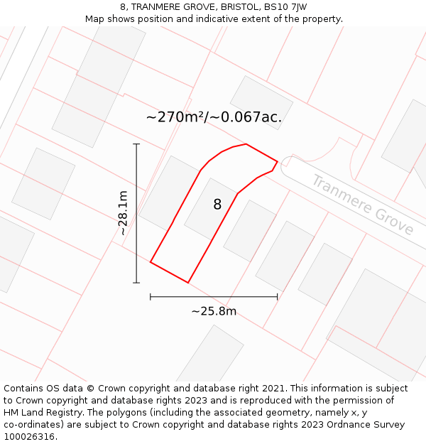 8, TRANMERE GROVE, BRISTOL, BS10 7JW: Plot and title map