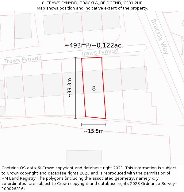8, TRAWS FYNYDD, BRACKLA, BRIDGEND, CF31 2HR: Plot and title map