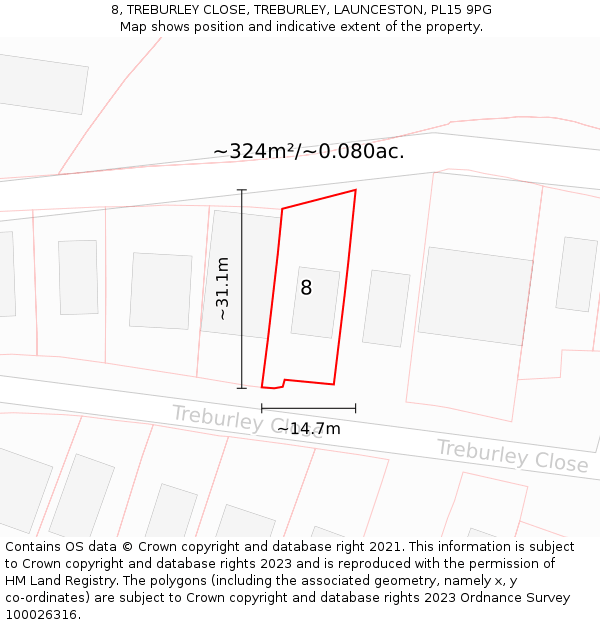 8, TREBURLEY CLOSE, TREBURLEY, LAUNCESTON, PL15 9PG: Plot and title map