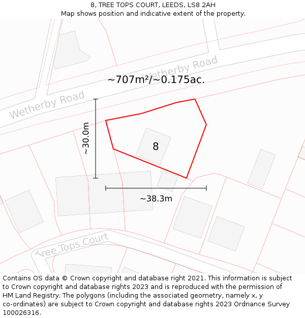 8, TREE TOPS COURT, LEEDS, LS8 2AH: Plot and title map