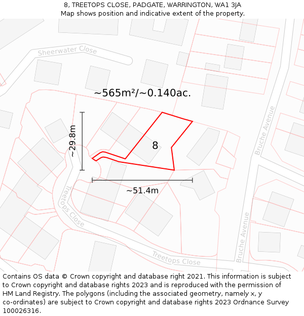 8, TREETOPS CLOSE, PADGATE, WARRINGTON, WA1 3JA: Plot and title map