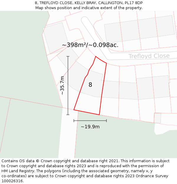 8, TREFLOYD CLOSE, KELLY BRAY, CALLINGTON, PL17 8DP: Plot and title map